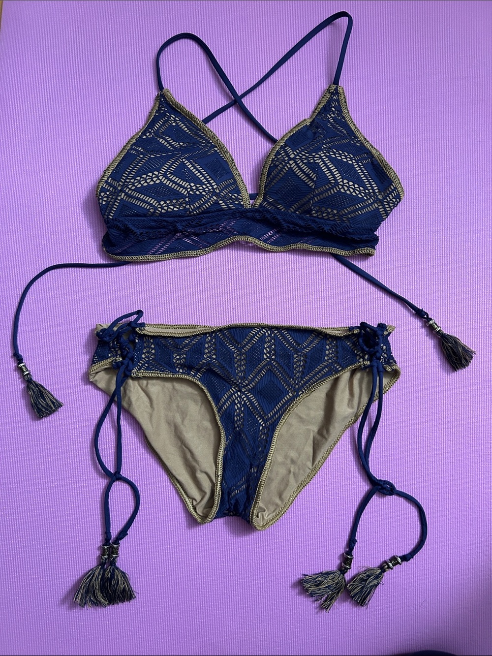 BECCA Navy and Gold Lace-Trim Bikini Set